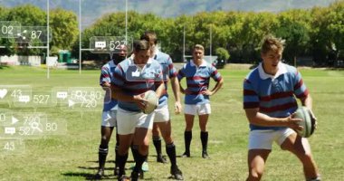 Rugby takımı işaret üzerine sondaja başlıyor, lider oyuncu yüzen sosyal simgelerle konilerin yanından hızla geçiyor. Sporcular, takım çalışması, antrenman, spor, rekabet, aksiyon