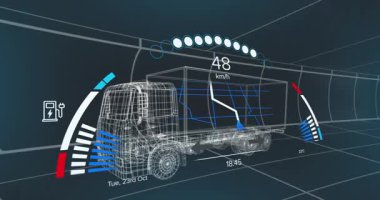 Siyah arka planda dijital kamyon modeli üzerinde araba arayüzü animasyonu. küresel ulaşım, teknoloji ve dijital arayüz kavramı dijital olarak oluşturulmuş video.