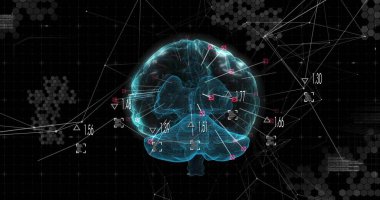 Sayısal etiketlerle, üçgen kare işaretleyicilerle, çizgilerle ve altıgenlerle ızgarada süzülen kablo çerçevesi beyni. Fütüristik, dijital, veri, analiz, görselleştirme, teknoloji, yenilik