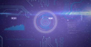 Merkezi H.U.D. dijital panelde süzülüyor. Zil 840, zarf 638, harita ve kod. Fütürist, dijital, arayüz, teknoloji, yenilik, siber, veri