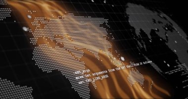 Süpürme stili noktalı dünya haritası alevin etkisini karanlık ızgara üzerinde yüzen kodla gösteriyor. Kontrol paneli, veri görselleştirme, dijital arayüz, siber, teknoloji, fütüristik, soyut