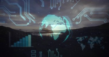 Alacakaranlık göl kıyısında süzülen holografik küreyi gösteren, şebeke örtüsü, bar haritası, dünya haritası. Futuristik, teknoloji, veri görselleştirme, dijital, yenilik, görselleştirme, bilimsel