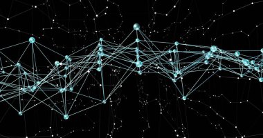 Parlak küreler, ışık çizgileri ve beyaz noktalarla karanlık boşlukta yüzen ağ grafiği gösteriliyor. Futuristik, teknoloji, dijital, bağlantı, yenilik, siber alan, görselleştirme