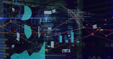 Sanal gösterge panelinde çubuk grafikleri ve grafik düğümleri gösteriliyor, turta bölümleri, kablo grafiği küresi yer alıyor. Geometrik, fütüristik, görselleştirme, teknoloji, analitik, dijital,