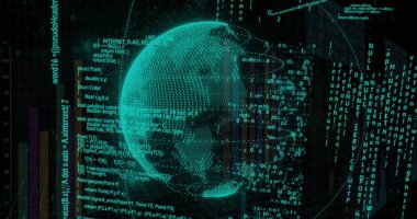 Kod blokları ve dikey bar çizelgeleriyle veri görselleştirmesinde dönen yeşil noktalı dünya. Soyut, teknoloji, siber güvenlik, fütürizm, dijital manzara, veri analizleri, yenilik