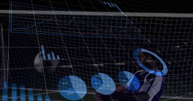 Dalış eldivenli kaleci kale kalesinde futbol topuna uzanıyor, analitik kopya alanını kaplıyor. Sporcu, spor, performans, analitik, veri görselleştirme, rekabet, stadyum