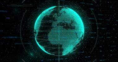 Yörünge çizgileri ve veri akışlarıyla karanlık sanal uzayda dönen holografik dünya küresi. Teknoloji, veri görselleştirme, dijital arayüz, dalgın, fütüristik, siber, ağ