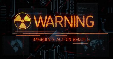 Radyasyon ikonu ile HUD üzerinde Uyarı Grafiği gösteriliyor, Eylem alt başlığını ve devre izlerini görüntüle. Uyarı, siber güvenlik, dijital, fütürizm, teknoloji, arayüz, tehlike