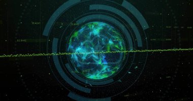 Kontrol arayüzü içinde dönen neon-yeşil düşük-polyester ağ, HUD halkaları ve dalga formu gösteriliyor. Fütürist, dijital, teknoloji, veri görselleştirme, arayüz, neon, soyut