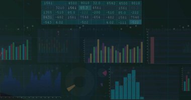 Ekranda, veri tablosu, bar çizelgeleri, çizgi ve donut grafikleri ve ızgara örtüsü ile koyu renk gösteriliyor. Teknoloji, gösterge paneli, veri görselleştirme, arayüz, dijital, analiz, arayüz tasarımı