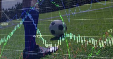 Sahada futbol topunun arkasında mavi çorap ve siyah krampon ve veri örtüsü olan bacağı yerleştirmek. Sporcu, yarışma, spor, çeviklik, açık hava, spor, görselleştirme