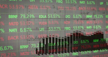 Borsa arayüzü gösteriliyor 3 boyutlu çubuk şeması üzerinde işaretler gösteriliyor, hisse senedi saat kaplaması. Finansal veriler, analitik, teknoloji, yatırım, dijital görüntü, pazar analizi, iş