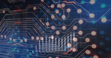 Arayüz parlayan düğümler devre çizgileri, bar çizelgesi, ızgara ve dalga formu örtülerinde ağ gösteriliyor. Gelecek, teknoloji, veri, bağlantı, dijital, arayüz, görselleştirme