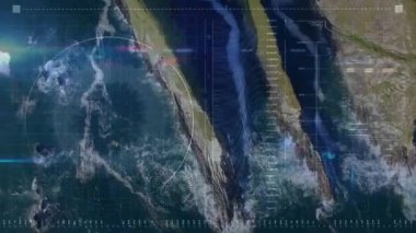 On HUD activation scan ring rotating around peninsula in aerial view mapping seabed and currents. Marine exploration, maritime technology, oceanography, navigation, geographic data, topographical mapping, digital graphics