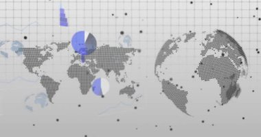 Izgara örtüsü haritayı ortaya çıkarmaya başlıyor, dünya çubuğu ve turta grafikleri dönüyor. Veri görselleştirme, analitik, dijital arayüz, bilgi grafikleri, teknolojik, geleceksel, soyut