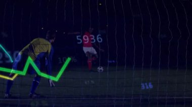 Penaltı noktasından şut çeken forvet, kalecinin dalış golünü üst üste koyuyor. Atletik, rekabet, analitik, stratejik, yoğunluk, eylem, spor