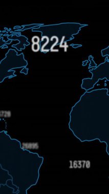 Dünya haritasında kara zemin üzerinde veri işleme animasyonu. Küresel teknoloji, bilgisayar ve dijital arayüz kavramı dijital olarak oluşturulmuş video.