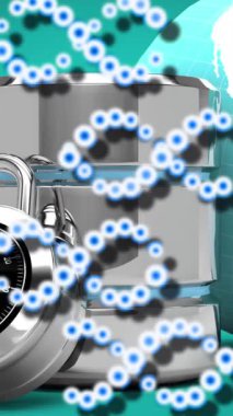 Tıbbi veri işleme animasyonu ve beyaz arka planda dünya ile asma kilit. Küresel tıp, teknoloji, veri işleme ve dijital arayüz kavramı dijital olarak oluşturulmuş video.