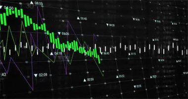 Başlangıçta şamdan çizelgesinde yükselen düşüş, yükselen yerleşim, çizgilerde kayan keneleri gösteren eğilimleri gösterir. Finans, teknoloji, analitik, veri görselleştirme, yatırım, dijital, iş