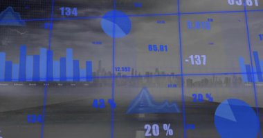 Aylık bar grafikleri ve pasta dilimleri veri içgörüsü için güncellenirken üstüste binme sisli pist üzerinde kayboluyor. Gelecekçi, analitik, görselleştirme, veri, teknoloji, dijital, endüstriyel