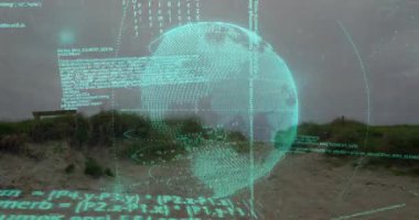 Fırtına, holografik küreyi döndüren halka darbeleri oluşturur. Kumullardaki verileri gösteren akış kodları. Fütürist, dijital, sürükleyici, teknoloji, veri, siber, soyut