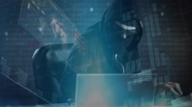 Kafkas erkek bilgisayar korsanının laptopla kar maskesi giydiği veri işleme animasyonu. küresel çevrimiçi güvenlik, siber suç ve veri işleme kavramı dijital olarak oluşturulmuş video.