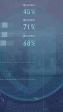 Finansal veri işleme ve şehir manzarası üzerindeki taramaların animasyonu. Küresel teknoloji, hesaplama, finans ve dijital arayüz kavramı dijital olarak oluşturulmuş video.