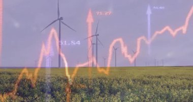 Çizgi grafiği rüzgar türbinleri üzerinde zayıflıyor, çubuklar yükseliyor ve oklar yükseliyor, enerji eğilimini gösteriyor. Yenilenebilir, sürdürülebilirlik, analitik, görselleştirme, çevre dostu, endüstri, teknoloji