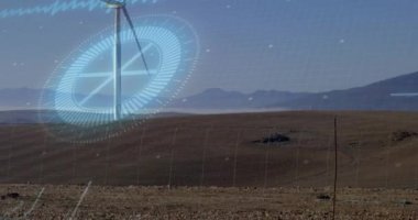 Rüzgar türbini dönüş bıçakları, holografik gösterge ortaya çıkıyor, devre yolları titreşim çıkışlarını izliyor. Yenilenebilir, teknoloji, yenilik, dijital, sürdürülebilirlik, enerji, geleceksel