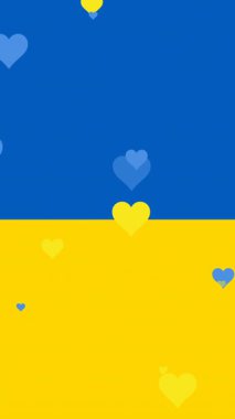 Ukrayna bayrağı üzerinde süzülen mavi ve sarı kalplerin animasyonu. Ukrayna krizi, destek ve uluslararası politika konsepti dijital olarak oluşturuldu.