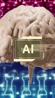 Ai metninin animasyonu, insan beyni ve veri işleme. Dijital olarak oluşturulmuş küresel yapay zeka, bağlantılar, hesaplama ve veri işleme kavramı.