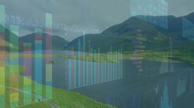 Sabit göl manzarası yükselen parmaklıkları başlatır paneller kayar ve grafikler titreşir trendleri görselleştirirken. Doğa, veri görselleştirme, finans, teknoloji, dingin, analitik, manzara