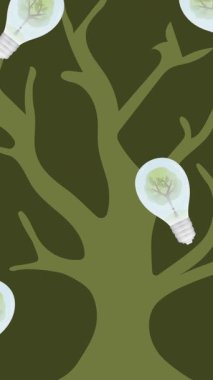 Yeşil arka planda ağaçların üzerinde ampullerin canlandırılması. küresel çevre, yeşil enerji ve dijital arayüz konsepti dijital olarak oluşturulmuş video.