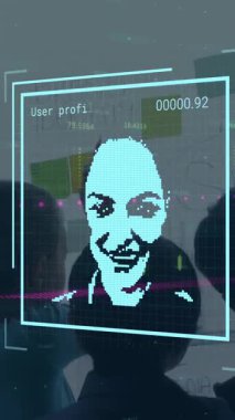 Ofisteki insanlar üzerinde grafiklerin ve kullanıcı simgelerinin canlandırılması. Sosyal medya, küresel işletme, finans, ekonomi, ağ ve teknoloji konsepti dijital olarak oluşturulmuş video.