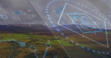 Drone görünümü tarama alanları, İHA elementleri soluyor, nabız atıyor, dönüyor ve haritalama için sağa doğru dönüyor. Hava, teknoloji, yenilik, kırsal, sanal, izleme, tarım