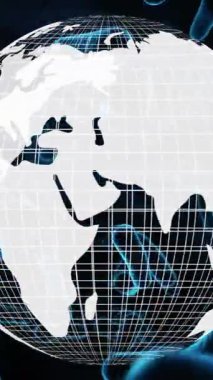 Mavi anahatlı dönen beyaz kürenin dijital bileşimi 4k ekranına doğru gelen bakteriler.