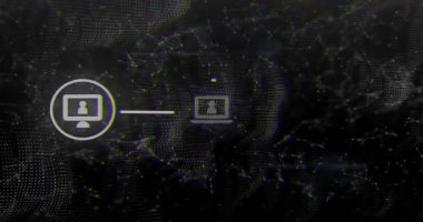 Başlangıçta bilgisayar beliriyor, dizüstü bilgisayar ortaya çıkıyor ve telefona bağlanıyor, dizüstü bilgisayar titreşimi bağlantıyı gösteriyor. Teknoloji, bağlantı, dijital, yenilik, ağ, siber, geleceksel