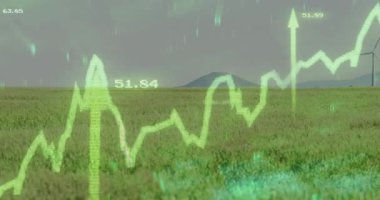 Neon yeşil çizgi grafiği güncellendikten sonra sol altta ortaya çıkıyor ve türbin çıkışını görselleştirmek için dalgalanıyor. Analizler, yenilenebilir enerji, çevre, teknoloji, manzara, veri görselleştirme, sürdürülebilirlik