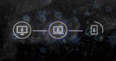 Dairesel monitör simgesi göründüğünde, dizüstü bilgisayarlara veya mobil simgelere uzanan çizgi, senkronizasyon için titreşen ızgara. Bağlantı, teknoloji, dijital, ağ, eşzamanlama, yenilik, soyut