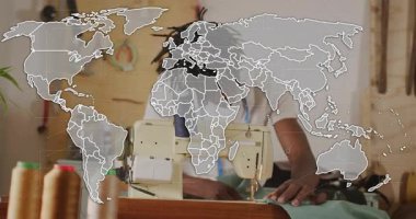 Dünya haritası zayıflarken terzi dikiş kumaşı ve tekstil sanatını küresel olarak birbirine bağlayan ağ grafikleri. Sanatçılık, kesinlik, küresel bağlantı, yenilik, endüstri, zanaat, dijital entegrasyon