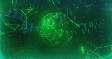 Afrika 'nın Avrupa Asya şebekelerini parmaklıklar, çizgiler ve düğümlerle gösteren holografik bir küre. Futuristik, dijital, veri görselleştirme, teknoloji, yenilik, ağ, sanal