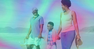 Ailesi ve oğlu kumlu sahil şeridinde piknik sepeti havlusu ve geniş kenarlı şapkayla geziyorlar. Aile, açık hava, tatil, sahil, uyum, huzur.