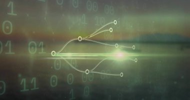 Yeşil kahverengi gradyan üzerinde kıvrımlı çizgiler ve ikili haneli dallandırma ağları gösteriliyor. Gelecek, teknoloji, veri, görselleştirme, soyut, dijital sanat, ağ