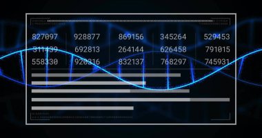 Parlayan mavi sarmal konsolunda kod ızgarası, ilerleme çubukları ve etiketleri gösteren arayüz gösteriliyor. Teknoloji, siber güvenlik, yenilik, fütüristik, analitik, dijital, görselleştirme