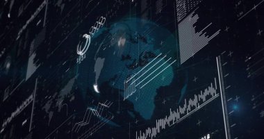 Çizgi grafikleri ve okumaları üstüste koyan veri görüntüleme çubuğunda dönen dünyayı merkezde göster. Fütürist, dijital, analitik, görselleştirme, teknoloji, veri, gösterge paneli