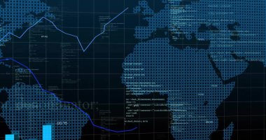 Çizgi grafikleri, bar çizelgeleri ve gösterge panelinde kod parçacıkları olan biçimlendirilmiş mavi ızgara dünya haritası gösteriliyor. Teknoloji, veri, analitik, dijital, görselleştirme, gösterge paneli, yenilik