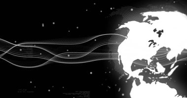 Batı Yarımküre 'nin stilize edilmiş görüntüsü Dünya haritası dalgalanan şekiller, karanlığa karşı noktalar, kopyalama uzayı. Coğrafi, teknolojik, soyut, veri, ağ, bağlantı, dijital