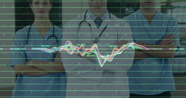 Hastane koridorunda tıbbi ekip izleme çizelgesi var. Veri işaretleyicileri görünüyor. Sağlık, profesyonellik, veri görselleştirme, dijital, işbirliği, hassasiyet, yenilik