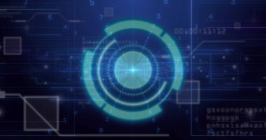 Parlayan halkalar ve sayısal etiketlerle, dijital arayüz içinde merkezi HUD grafiği gösteriliyor. Fütürist, teknoloji, arayüz, veri görselleştirme, dijital, soyut, bilim kurgu