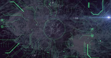 Neon yeşil devre çizgileri ve merkezi böcek simgesi ile siber arayüz arkaplanının üzerinde gösteriliyor. Gelecek, teknoloji, yenilik, dijital, siber güvenlik, soyut, yüksek teknoloji